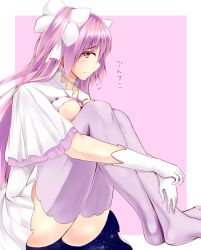Rule 34 | 10s, 1girl, :t, blush, bow, breasts, cleavage, cleavage cutout, clothing cutout, dress, from side, gloves, hair bow, hair ribbon, hugging own legs, ishikiyo uyori, kaname madoka, knees to chest, large breasts, legs, long hair, looking at viewer, mahou shoujo madoka magica, mahou shoujo madoka magica (anime), no shoes, panties, pantyshot, pink hair, pink thighhighs, pout, profile, ribbon, sitting, solo, space, spoilers, thighhighs, twintails, two side up, ultimate madoka, underwear, white dress, white gloves, yellow eyes