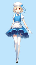 Rule 34 | 1girl, apron, black footwear, blonde hair, blue background, blue dress, blunt bangs, closed mouth, dress, frilled apron, frills, full body, gloves, hat, highres, lolihorn, looking at viewer, maid, mob cap, original, puffy short sleeves, puffy sleeves, red eyes, shoes, short hair, short sleeves, simple background, smile, solo, standing, tareme, thighhighs, waist apron, white gloves, white thighhighs, zettai ryouiki