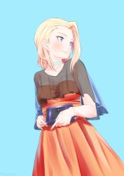 Rule 34 | 1girl, absurdres, alternate hairstyle, bag, blonde hair, blue background, blue eyes, blue shirt, bracelet, clara (girls und panzer), closed mouth, collar, commentary, dress, formal, girls und panzer, handbag, highres, holding, jewelry, long hair, looking to the side, orange dress, oze (xyz go go11), see-through, shirt, short sleeves, simple background, smile, solo, standing, strapless, strapless dress, twitter username, white collar, wide sleeves
