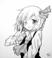 Rule 34 | 1girl, anzu ame, artist name, ascot, blush, female focus, graphite (medium), greyscale, hair ribbon, highres, looking at viewer, millipen (medium), monochrome, one eye closed, open mouth, ribbon, rumia, shikishi, short hair, signature, sketch, smile, solo, touhou, traditional media, upper body, wink