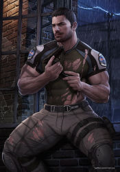 Rule 34 | 1boy, arm hair, bara, beard, brown hair, brown pants, bulge, chest hair, chris redfield, covered abs, facial hair, gun, hairy, harness, highres, holding, holding gun, holding weapon, large pectorals, leg hair, looking to the side, male focus, marcus (rnarccus), mature male, midriff peek, muscular, muscular male, mustache, navel, navel hair, nipples, paid reward available, pants, pectorals, rain, realistic, resident evil, resident evil 5, paid reward available, shirt, short hair, sideburns, solo, stubble, taut clothes, taut shirt, thick thighs, thighs, tight clothes, tight pants, torn clothes, torn pants, torn shirt, weapon, weapon request, window
