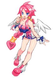 Rule 34 | 1girl, :d, absurdres, ahoge, bare arms, bare legs, bare shoulders, blue bow, blue eyes, blue shorts, bow, braid, breasts, bright pupils, cleavage, disgaea, full body, hair tubes, highres, long hair, looking at viewer, makai senki disgaea 4, open mouth, pink footwear, pink hair, shiny skin, shoes, short shorts, shorts, sidelocks, simple background, smile, solo, takio (takiotakio00), transparent background, vulcanus (disgaea 4), waist bow, white background, white wings, wings, wrist cuffs