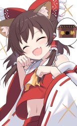 Rule 34 | 1girl, :d, ^ ^, animal ear fluff, animal ears, ascot, blush, brown hair, cat ears, closed eyes, commentary request, detached sleeves, e.o., closed eyes, hair tubes, hakurei reimu, highres, kemonomimi mode, long hair, medium hair, navel, open mouth, simple background, smile, solo, touhou, white background, yellow ascot