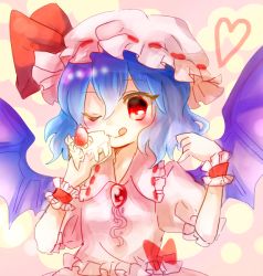 Rule 34 | 1girl, bat wings, blue hair, bow, brooch, cake, eating, food, hat, hat bow, heart, jewelry, mayo (mayomr29), mob cap, one eye closed, red eyes, remilia scarlet, sash, simple background, solo, touhou, wings, wrist cuffs