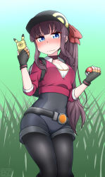 Rule 34 | 10s, 1girl, blue eyes, blush, breasts, brown hair, cellphone, cleavage, cosplay, creatures (company), ekz (robotekz), female protagonist (pokemon go), female protagonist (pokemon go) (cosplay), fingerless gloves, game freak, gloves, hair ribbon, hat, leggings, long hair, looking at viewer, new game!, nintendo, pantyhose, phone, poke ball, poke ball (basic), pokemon, pokemon go, ponytail, ribbon, smartphone, solo, takimoto hifumi, wavy mouth
