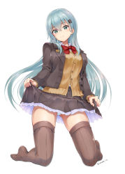 Rule 34 | 1girl, aqua hair, blazer, blush, bow, breasts, brown jacket, brown thighhighs, buttons, closed mouth, clothes lift, collarbone, commentary request, gluteal fold, green eyes, hair between eyes, hair ornament, hairclip, holding, jacket, kantai collection, large breasts, lifted by self, long hair, long sleeves, looking at viewer, oonaka ito, panties, pleated skirt, red bow, red neckwear, school uniform, shirt, simple background, skindentation, skirt, skirt lift, smile, solo, suzuya (kancolle), thighhighs, underwear, white background, white panties, white shirt