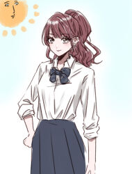 Rule 34 | 1girl, blue bow, blue bowtie, blue skirt, bow, bowtie, breasts, brown hair, closed mouth, collared shirt, commentary request, cowboy shot, dress shirt, grey eyes, half updo, hand on own hip, highres, long hair, looking at viewer, original, pleated skirt, sakashima 0822, school uniform, shirt, simple background, skirt, sleeves past elbows, small breasts, solo, sun, white background, white shirt