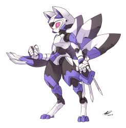 Rule 34 | absurdres, andrew leung, animal ears, clenched hand, fox ears, highres, looking at viewer, mecha, mechanical ears, mechanical tail, multiple tails, no humans, open hand, original, pink eyes, robot, solo, standing, tail, white background, wrist blades