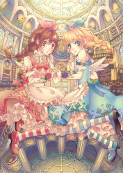 Rule 34 | 2girls, absurdres, apron, bell, blonde hair, blue eyes, bow, braid, brown hair, dress, earrings, falseele, floating, frills, gathers, hair ornament, hair ribbon, heart, highres, holding hands, jewelry, long hair, mary janes, multiple girls, original, pantyhose, red eyes, ribbon, shoes, smile, striped clothes, striped legwear, striped pantyhose, wings