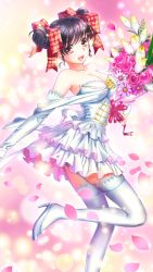 Rule 34 | 1girl, :d, black hair, bouquet, breasts, cherry blossoms, cleavage, collarbone, double bun, doukyuusei 2, doukyuusei another world, dress, elbow gloves, flower, game cg, gloves, hair between eyes, hair bun, hair ribbon, high heels, holding, holding bouquet, large breasts, layered dress, looking at viewer, narusawa yui, official art, open mouth, pink flower, plaid, plaid ribbon, pumps, red eyes, red ribbon, ribbon, short dress, short hair, sleeveless, sleeveless dress, smile, solo, standing, standing on one leg, strapless, strapless dress, thighhighs, wedding dress, white dress, white flower, white footwear, white gloves, white thighhighs, zettai ryouiki