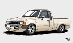 Rule 34 | artist name, from side, goodyear, grey background, highres, k.tofu, motor vehicle, no humans, original, pickup truck, shadow, toyota, toyota hilux, truck, vehicle focus