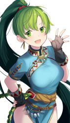 Rule 34 | 1girl, :d, aqua dress, bad id, bad twitter id, black gloves, blush, breasts, dress, earrings, female focus, fingerless gloves, fire emblem, fire emblem: the blazing blade, gloves, green eyes, green hair, hand on own hip, hand up, highres, jewelry, long hair, looking at viewer, lyn (fire emblem), medium breasts, nintendo, open mouth, ponytail, ringozaka mariko, short sleeves, side slit, simple background, smile, solo, standing, waving, white background