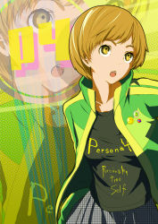 Rule 34 | 1girl, :o, atlus, bad id, bad pixiv id, brown eyes, brown hair, buttons, clothes writing, houndstooth, jacket, nishiuri warito, open clothes, open shirt, persona, persona 4, satonaka chie, shirt, short hair, skirt, smiley face, solo, t-shirt, track jacket
