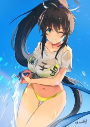 Rule 34 | 10s, 1girl, ;), bikini, bikini under clothes, black hair, breasts, collarbone, commission, curvy, day, female focus, green bikini, green eyes, hair ribbon, highres, holding, holding hose, homura (senran kagura), hose, large breasts, legs together, long hair, looking at viewer, navel, no pants, one eye closed, ormille, outdoors, ponytail, ribbon, see-through, senran kagura, shirt, smile, solo, swimsuit, thighs, water, wet, wet clothes, wet shirt