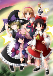 Rule 34 | 4girls, alice margatroid, apron, bare shoulders, blonde hair, book, bow, brown eyes, brown hair, detached sleeves, doll, dress, female focus, frills, hairband, hakurei reimu, hand on own hip, hat, hourai doll, kannazuki hato, kirisame marisa, long hair, maid, maid apron, mary janes, mob cap, multiple girls, necktie, nontraditional miko, open mouth, outline, patchouli knowledge, pink bow, purple hair, shanghai doll, shoes, smile, socks, touhou, witch hat
