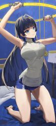 Rule 34 | 1girl, armpits, arms up, barefoot, bed, blue eyes, blue hair, blue shorts, blunt bangs, breasts, closed mouth, ear piercing, full body, highres, holding, hololive, hololive english, kneeling, large breasts, long hair, looking at viewer, m.q (mqkyrie), official alternate hair length, official alternate hairstyle, on bed, ouro kronii, ouro kronii (casual), piercing, pillow, ring (ring fit adventure), ring fit adventure, shirt, short shorts, shorts, sleeveless, sleeveless shirt, solo, thighs, turtleneck, very long hair, virtual youtuber, white shirt