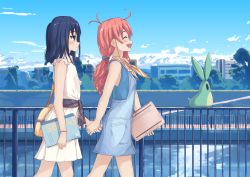 Rule 34 | 2girls, black hair, blush, brown eyes, closed mouth, day, closed eyes, facing away, flip flappers, from side, hand grab, highres, holding hands, kokomine cocona, looking at another, medium hair, multiple girls, open mouth, outdoors, papika (flip flappers), railing, red hair, short hair, smile, twintails, uexkull, ynote, yuri