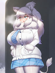 Rule 34 | 1girl, :o, animal ears, blue eyes, breasts, breath, fang, fur collar, hands in pockets, highres, huge breasts, jacket, kemono friends, lion ears, lion girl, lion tail, long hair, mo23, necktie, open clothes, open jacket, pantyhose, pleated skirt, school uniform, skirt, tail, thighs, white hair, white lion (kemono friends), white pantyhose