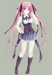 Rule 34 | 1girl, bad id, bad pixiv id, boots, bow, breasts, hair bow, hand on own hip, legs, long hair, original, pink hair, purple eyes, school uniform, solo, thighhighs, twintails, very long hair, yudesoba