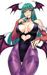 Rule 34 | 1girl, bat wings, blunt bangs, bodysuit, breasts, bridal gauntlets, center opening, cleavage, clothing cutout, elbow gloves, finger to mouth, from below, gloves, green eyes, green hair, head wings, highleg, highleg leotard, highres, large breasts, leotard, long hair, looking at viewer, looking down, morrigan aensland, pantyhose, parted lips, print pantyhose, purple pantyhose, simple background, smile, solo, stomach cutout, vampire (game), volyz, white background, wings