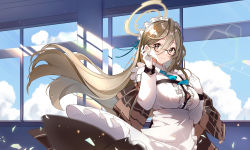 Rule 34 | 1girl, absurdres, adjusting hair, akane (blue archive), apron, black-framed eyewear, blue archive, blue necktie, blue ribbon, blue sky, blush, breasts, brown eyes, brown hair, bursting breasts, cloud, day, dress, floating hair, frills, from side, glasses, gloves, hair behind ear, hair between eyes, hair ribbon, tucking hair, halo, hands up, highres, indoors, large breasts, light particles, long hair, long sleeves, looking at viewer, looking to the side, maid, maid headdress, maorzshu, necktie, plaid shawl, ribbon, shawl, sideways glance, sky, smile, solo, upper body, very long hair, waist apron, white apron, white gloves, wind, wind lift, window