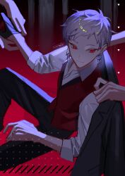 Rule 34 | 1boy, absurdres, black pants, collared shirt, earrings, grey hair, highres, jewelry, male focus, mole, mole under eye, mole under mouth, original, pants, red eyes, red vest, shirt, short hair, signature, smile, triangle, vest, white shirt, yomiya sateko