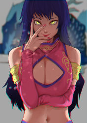 Rule 34 | 1235, 1girl, absurdres, bare shoulders, blue hair, breasts, chromatic aberration, chuuka ichiban!, cleavage, cleavage cutout, clothing cutout, covering face, detached sleeves, highres, large breasts, long hair, long sleeves, looking at viewer, midriff, nail polish, naughty face, navel, red nails, shaded face, smile, solo, upper body