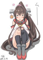 Rule 34 | 1girl, :i, :t, artist name, asymmetrical legwear, black skirt, black thighhighs, brown hair, cherry blossoms, commentary request, dated, detached sleeves, flower, full body, hair flower, hair ornament, headgear, highres, kantai collection, long hair, pleated skirt, ponytail, pout, red sailor collar, sailor collar, simple background, single thighhigh, sitting, skirt, solo, t2r, thighhighs, thighs, uneven legwear, white background, yamato (kancolle)