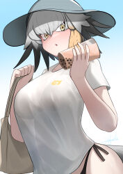 Rule 34 | 1girl, bag, bikini, bikini under clothes, bird tail, bird wings, black bikini, black hair, blonde hair, blush, breasts, bubble tea, commentary request, cup, feathered wings, grey hair, grey hat, hair between eyes, hat, head wings, highres, holding, holding bag, holding cup, japari symbol print, john (a2556349), kemono friends, large breasts, long hair, looking at viewer, multicolored hair, open mouth, shirt, shoebill (kemono friends), short sleeves, signature, solo, sun hat, swimsuit, t-shirt, tail, upper body, white shirt, wings, yellow eyes