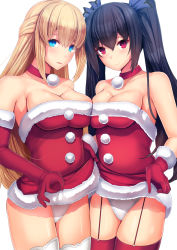 Rule 34 | 2girls, bare shoulders, black hair, blonde hair, blue eyes, breasts, christmas, cleavage, clothes lift, commentary request, daiaru, dress, dress lift, elbow gloves, fur trim, garter straps, gloves, hair ribbon, highres, large breasts, long hair, looking at viewer, multiple girls, neptune (series), noire (neptunia), red dress, red eyes, red legwear, ribbon, santa costume, sleeveless, smile, strapless, strapless dress, thighhighs, tube dress, twintails, vert (neptunia)