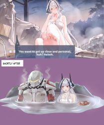 Rule 34 | 1boy, 1girl, 2koma, alcohol, armor, azur lane, black horns, blush, breasts, cleavage, comic, commander (azur lane), commentary, doctoryog, english commentary, english text, feet, game screenshot, game screenshot inset, grey hair, hair intakes, highres, horns, kursk (azur lane), kursk (lone wolf amid the steam) (azur lane), kurumi (recycllamo), large breasts, long hair, looking at another, mechanical tail, naked towel, official alternate costume, onsen, open mouth, partially submerged, power armor, red eyes, sake, steam, sweatdrop, tail, towel, white towel, you&#039;re doing it wrong