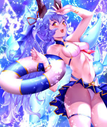 Rule 34 | 1girl, :d, animal ears, arms up, bangle, beppo (granblue fantasy), bikini, blue background, blue hair, bracelet, breasts, cleavage, clothes lift, collarbone, colored eyelashes, erune, ferry (granblue fantasy), ferry (summer) (granblue fantasy), flower, frilled bikini, frills, fugee (granblue fantasy), geegee (granblue fantasy), granblue fantasy, hair between eyes, hair flower, hair ornament, hair ribbon, hand on forehead, highres, holding, innertube, jewelry, large breasts, long hair, looking at viewer, makumaxu, momo (granblue fantasy), nail polish, navel, nicola (granblue fantasy), open mouth, ponytail, rabbit ears, ribbon, sideboob, skindentation, skirt, skirt lift, smile, solo, swim ring, swimsuit, teeth, thigh strap, thighs, tongue, upper teeth only, water, water drop, wavy hair, white bikini, yellow eyes