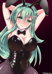 Rule 34 | 1girl, alternate costume, animal ears, aqua eyes, aqua hair, armpits, arms behind head, bare shoulders, black background, black leotard, black pantyhose, blush, bow, bowtie, breasts, covered navel, cowboy shot, detached collar, fake animal ears, hair ornament, hairclip, highres, kantai collection, kumichou (nakasato-gumi), large breasts, leotard, long hair, looking at viewer, one-hour drawing challenge, pantyhose, playboy bunny, rabbit ears, smile, solo, strapless, strapless leotard, suzuya (kancolle), traditional bowtie, twitter username, wrist cuffs