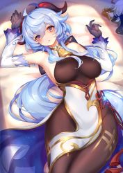 Rule 34 | 1girl, :o, bare shoulders, bed sheet, bell, black pantyhose, blue hair, blush, bow, breasts, cowbell, ganyu (genshin impact), genshin impact, gloves, hair bow, highres, horns, large breasts, looking at viewer, low ponytail, lying, medium breasts, on back, open mouth, paimon (genshin impact), pantyhose, pelvic curtain, purple eyes, solo focus, thyr, white hair