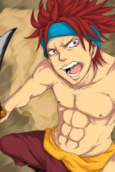Rule 34 | 1boy, abs, angry, eustass kid, fighting stance, looking at viewer, male focus, one piece, open mouth, perusona4saikou, red eyes, red hair, sash, topless male, solo, sword, weapon, aged down
