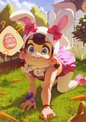 Rule 34 | 1girl, ?, alkemanubis, all fours, animal ears, animal hat, bandaid, bandaid on arm, basket, blue eyes, bow, bracelet, brown hair, bush, carrot, cloud, cosplay, dress, easter, easter bunny, easter bunny (cosplay), easter egg, egg, fence, food, grass, hair ornament, hair ribbon, hat, heart, heart hair ornament, highres, house, jewelry, leaf, looking at viewer, mary janes, pantyhose, pink bow, pink dress, pink footwear, rabbit ears, rabbit hat, rabbit tail, ribbon, shirt, shoes, short hair, short sleeves, sky, sleeveless, sleeveless dress, smile, speech bubble, tail, twintails, whiskers, white headwear, white pantyhose, white shirt, wrist ribbon