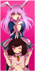 Rule 34 | 2girls, :&lt;, :q, aiming, aiming at viewer, animal ears, blazer, blush, brown hair, carrot, crossed legs, female focus, inaba tewi, jacket, jewelry, lgw7, long hair, lying, multiple girls, one eye closed, pendant, pointing, purple hair, rabbit ears, red eyes, reisen udongein inaba, short hair, sitting, tongue, tongue out, touhou, wink