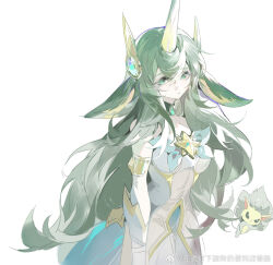 Rule 34 | 1girl, animal ears, artist name, brooch, closed mouth, cowboy shot, detached sleeves, eteru, expressionless, gem, green brooch, green eyes, green hair, hair between eyes, highres, horns, jewelry, league of legends, looking at viewer, official alternate costume, official alternate hairstyle, sidelocks, simple background, single horn, solo, soraka (league of legends), star guardian (league of legends), star guardian pet, star guardian soraka, white background