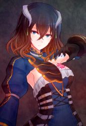 Rule 34 | 1girl, black hair, bloodstained: ritual of the night, blue eyes, breasts, hair ornament, horn ornament, horns, large breasts, miriam (bloodstained), multicolored hair, solo, tagme