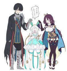 Rule 34 | 1boy, 2girls, armor, atelier (series), atelier sophie, atelier sophie 2, bare shoulders, black hair, blush, breasts, closed eyes, diebold lewerenz, frills, gloves, green eyes, hair ornament, highres, jewelry, karasumi (aiseec), long hair, medium breasts, multiple girls, open mouth, plachta, ramizel erlenmeyer, short hair, simple background, smile, thighhighs, white background