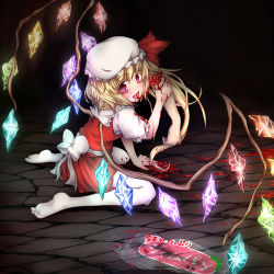 Rule 34 | 1girl, asymmetrical hair, bad id, bad pixiv id, blonde hair, blood, fang, female focus, flandre scarlet, guro, hat, hujimi, ponytail, red eyes, severed arm, severed limb, short hair, side ponytail, solo, thighhighs, touhou, white thighhighs, wings, zettai ryouiki