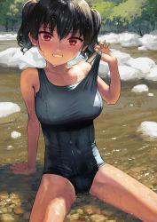 Rule 34 | 1girl, black hair, black one-piece swimsuit, breasts, colored eyelashes, covered navel, forest, hair between eyes, highres, kaedeko (kaedelic), large breasts, looking at viewer, nature, one-piece swimsuit, one-piece tan, oppai loli, original, outdoors, red eyes, sasaki kanna (kaedeko), school swimsuit, short hair, sitting, smile, solo, swimsuit, tan, tanline, thighs, twintails, water, wet, wet clothes, wet hair, wet swimsuit