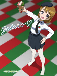 Rule 34 | 1girl, anzio school uniform, arm up, artist name, belt, beret, black belt, black hat, black necktie, black skirt, blue eyes, brown hair, character name, commentary, commission, cursive, dated, dress shirt, emblem, english commentary, food, full body, gelato (food), gelato (girls und panzer), girls und panzer, hair ornament, hairclip, hand on own hip, hat, highres, holding, holding food, long sleeves, looking at viewer, miniskirt, mixed-language commentary, naotosi, necktie, no shoes, open mouth, pantyhose, pixiv commission, pleated skirt, school uniform, shirt, short hair, skirt, smile, solo, standing, white pantyhose, white shirt, wing collar