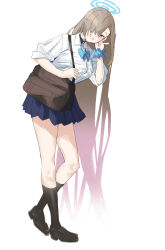 Rule 34 | 1girl, asuna (blue archive), bag, black footwear, black socks, blue archive, blue bow, blue bowtie, blue eyes, bow, bowtie, breasts, brown hair, choker, commentary, english commentary, fikkyun, full body, grin, hair over one eye, halo, highres, kneehighs, large breasts, leaning forward, legs, loafers, long hair, long sleeves, looking at viewer, looking to the side, miniskirt, school bag, scrunchie, shirt, shoes, simple background, skirt, sleeves rolled up, smile, socks, solo, very long hair, walking, white background, white shirt, wrist scrunchie