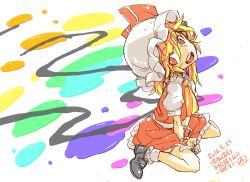 Rule 34 | 1girl, ascot, blonde hair, dated, dress, flandre scarlet, from above, hair between eyes, hat, head tilt, looking at viewer, mary janes, mob cap, numa (minus 4k), open mouth, puffy short sleeves, puffy sleeves, red dress, red eyes, shirt, shoes, short sleeves, sitting, sketch, solo, touhou, white shirt, wrist cuffs