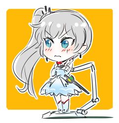 Rule 34 | 1girl, angry, blue eyes, blush, boots, chibi, commentary request, earrings, figma, figma stand, iesupa, jewelry, nendoroid, rwby, scar, scar across eye, scar on face, weiss schnee, white hair