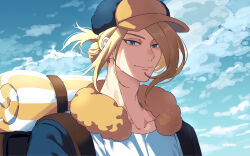 Rule 34 | 1boy, backpack, bag, blonde hair, blue sky, closed mouth, cloud, creatures (company), elica dayo, game freak, grey eyes, hair bun, hair over one eye, hat, highres, looking at viewer, male focus, nintendo, pokemon, pokemon legends: arceus, sky, smile, solo, sunlight, upper body, volo (pokemon), wind, wind lift
