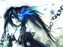 Rule 34 | 10s, 1girl, bikini, bikini top only, black gloves, black hair, black rock shooter, black rock shooter (character), blue eyes, breasts, chain, female focus, flat chest, gloves, glowing, glowing eye, highres, open mouth, pale skin, samael (5211), small breasts, solo, star (symbol), swimsuit, twintails, upper body