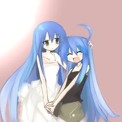 Rule 34 | 00s, 2girls, :d, ^ ^, age difference, bare shoulders, closed eyes, collarbone, dress, green eyes, happy, hug, izumi kanata, izumi konata, kanikama, long hair, lucky star, mole, mole under eye, mother and daughter, multiple girls, open mouth, pink background, simple background, sleeveless, smile, tank top, upper body, very long hair, white dress