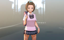 Rule 34 | 1girl, bag, blurry, blurry background, bow, bracelet, brown eyes, brown hair, cowboy shot, highres, jewelry, looking at viewer, original, outdoors, pink sweater vest, pleated skirt, rustle, school uniform, shirt, short hair, short sleeves, skirt, smile, solo, sweater vest, white shirt